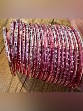 Vintage Metal Hot Pink Metallic Bangle Set with Silver Accents